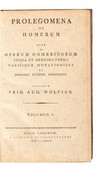 (HOMER.)  Wolf, Friedrich August. Prolegomena ad Homerum . . . Volumen I [all pbd]. 1795 + Homer. Opera . . . Ilias [all pbd]. 1794